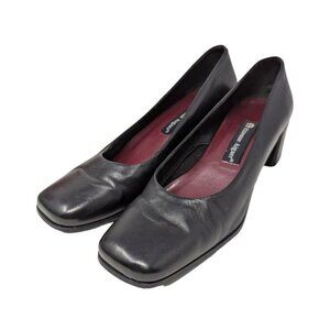 Vintage Etienne Aigner Womens Black Leather Square Toe Slip On Heels Size 8M